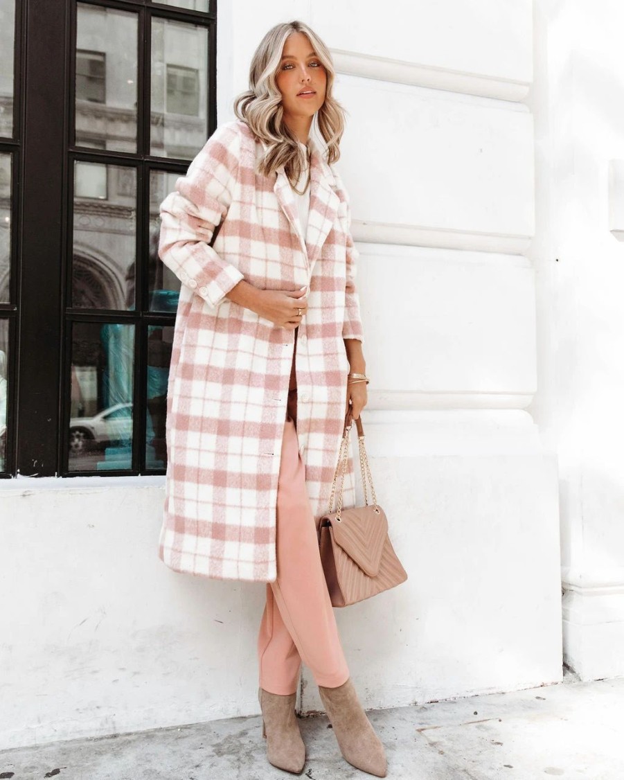 Coats & Jackets * | Mabl-001 City Girl Pocketed Plaid Coat Mauve Final Sale