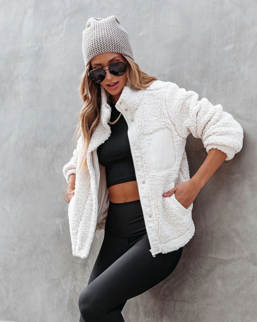 Coats & Jackets * | Skie-001 Suddenly Cozy Pocketed Sherpa Jacket Cream Final Sale