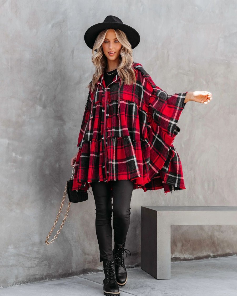 Coats & Jackets * | Oli -001 Pleasant Surprise Plaid Hooded Jacket Red Final Sale