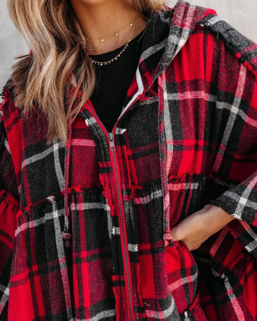 Coats & Jackets * | Oli -001 Pleasant Surprise Plaid Hooded Jacket Red Final Sale