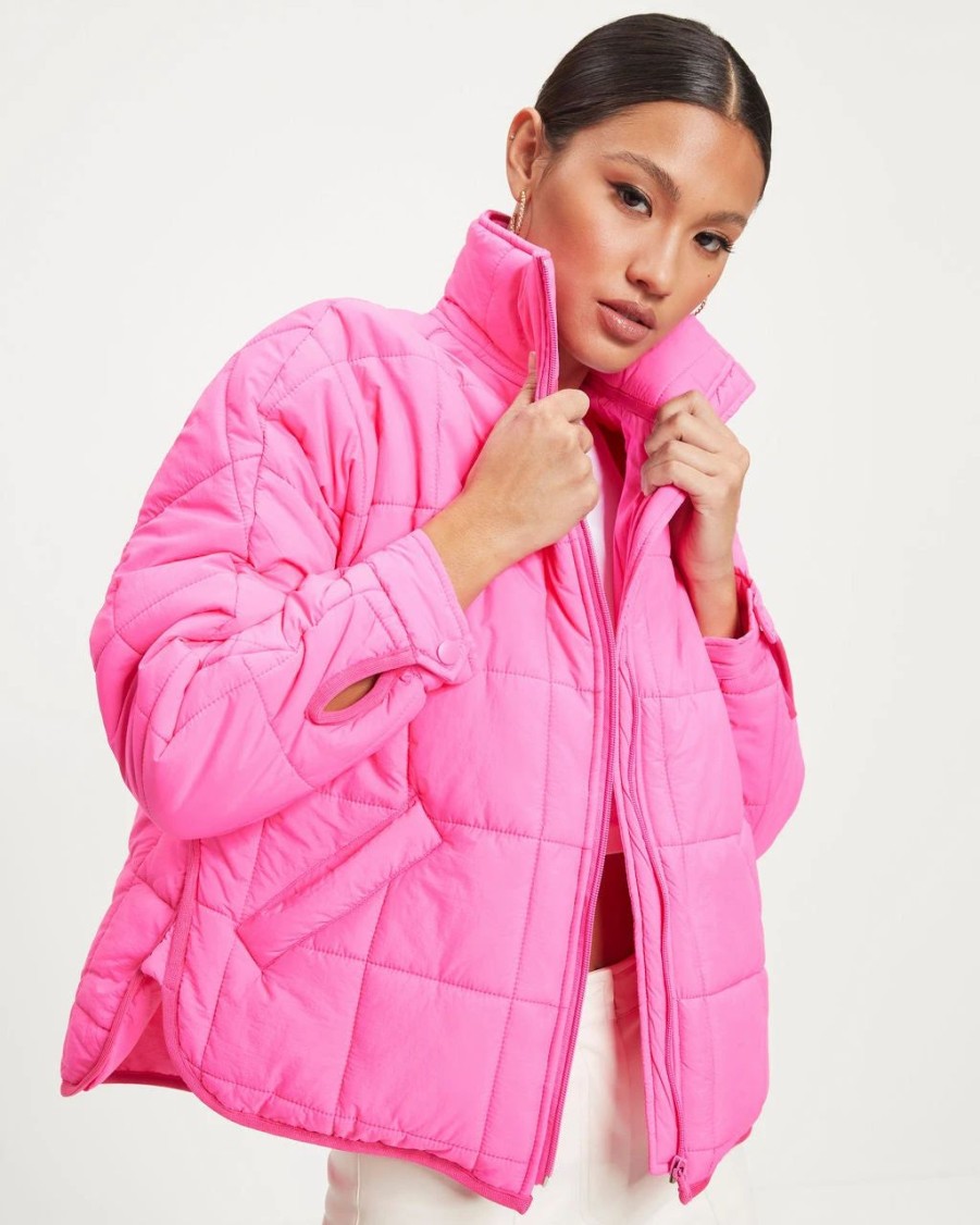 Coats & Jackets * | Oliv-001 Hunter Quilted Pocketed Jacket Neon Pink Final Sale