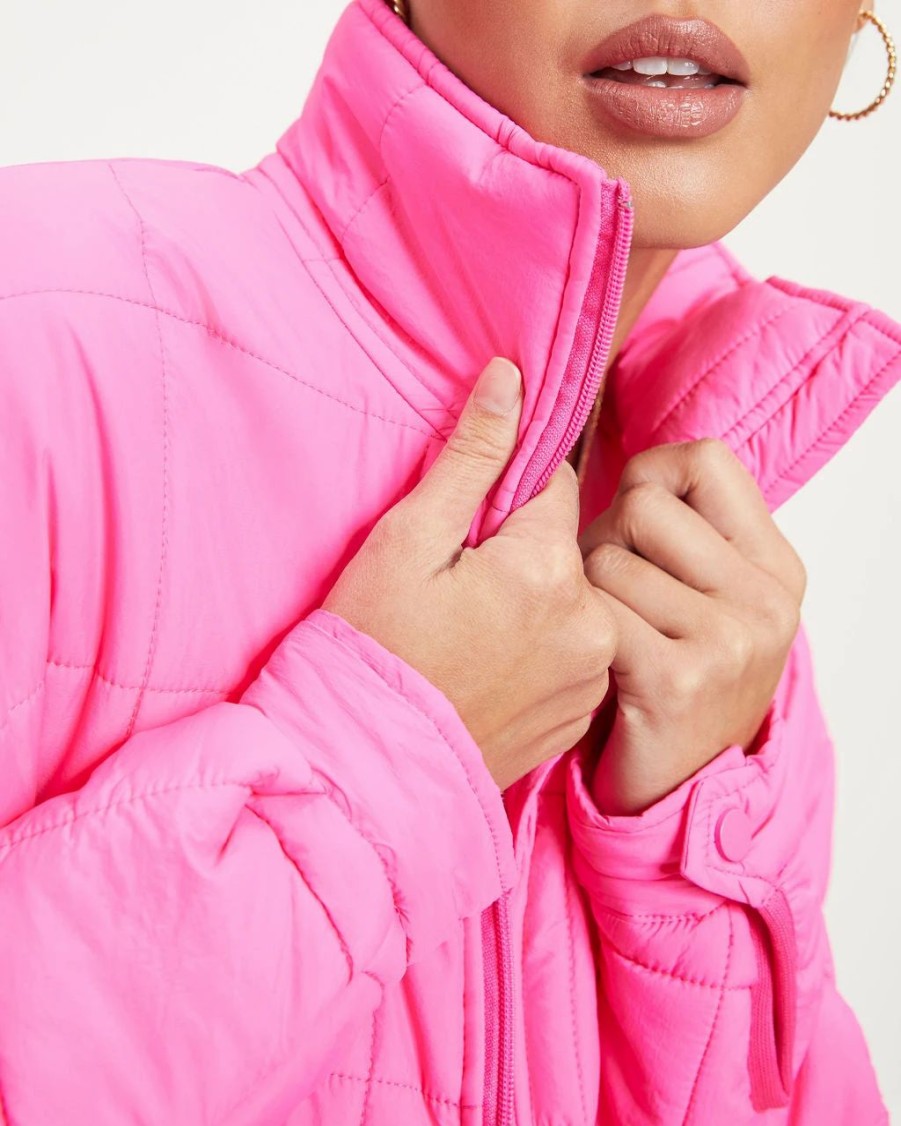 Coats & Jackets * | Oliv-001 Hunter Quilted Pocketed Jacket Neon Pink Final Sale