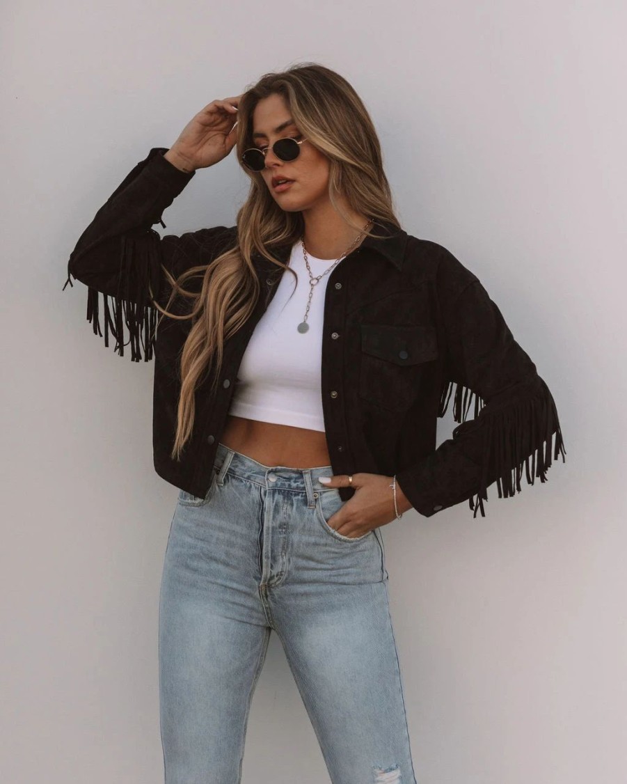 Coats & Jackets * | Oliv-001 Daron Cropped Fringe Faux Suede Jacket Black Final Sale