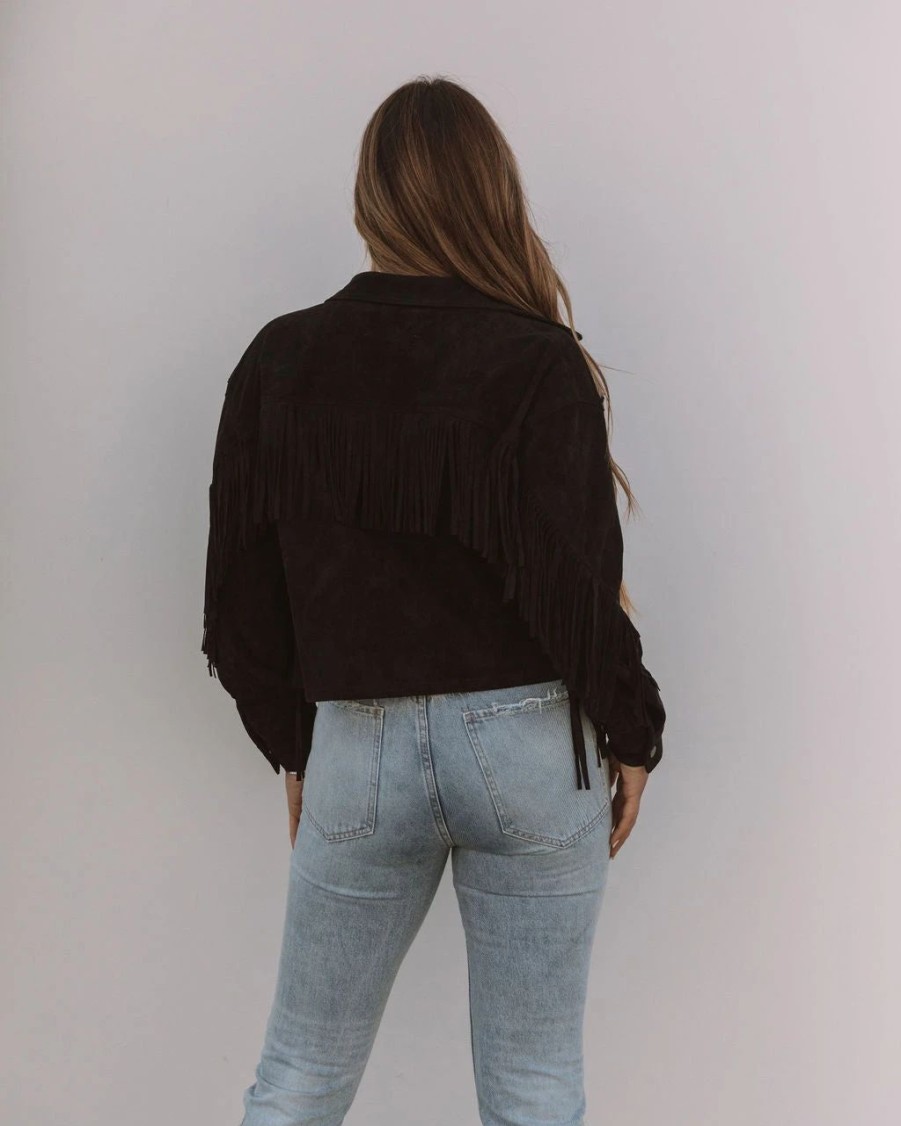 Coats & Jackets * | Oliv-001 Daron Cropped Fringe Faux Suede Jacket Black Final Sale