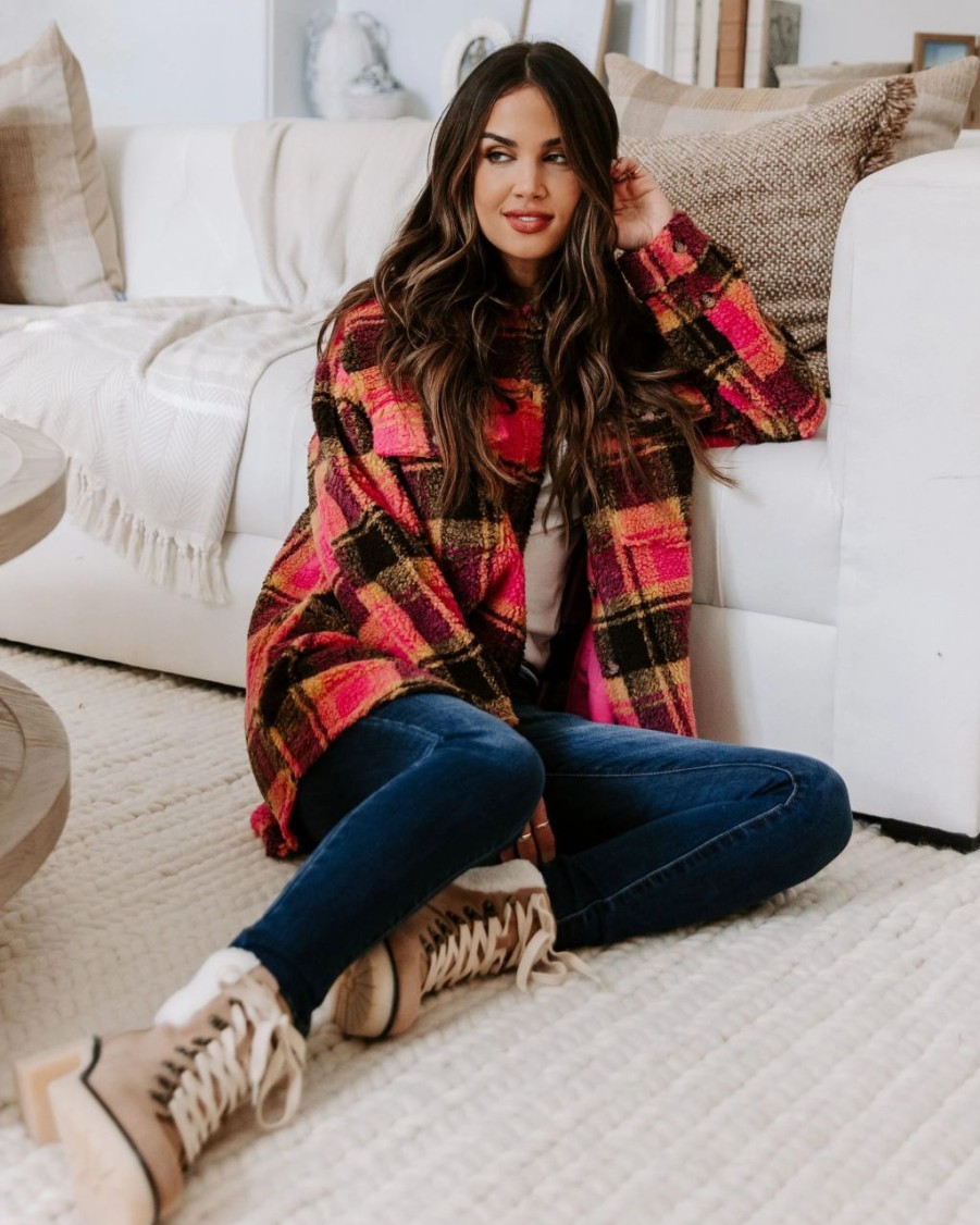 Coats & Jackets * | Aeom-001 Perfect Day Pocketed Plaid Teddy Jacket Last Chance