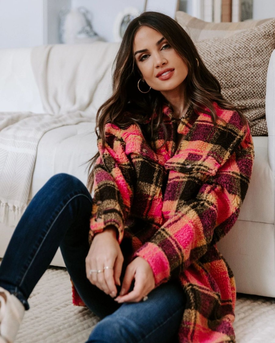 Coats & Jackets * | Aeom-001 Perfect Day Pocketed Plaid Teddy Jacket Last Chance