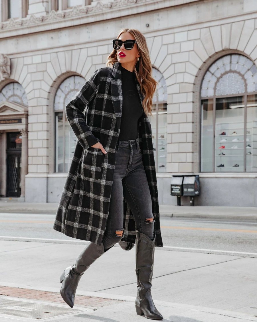 Coats & Jackets * | Dee-001 Francesca Plaid Pocketed Coat Black Final Sale