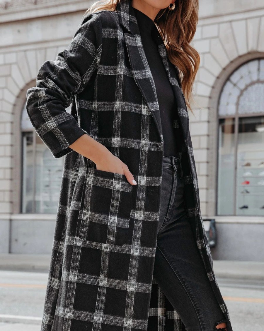 Coats & Jackets * | Dee-001 Francesca Plaid Pocketed Coat Black Final Sale