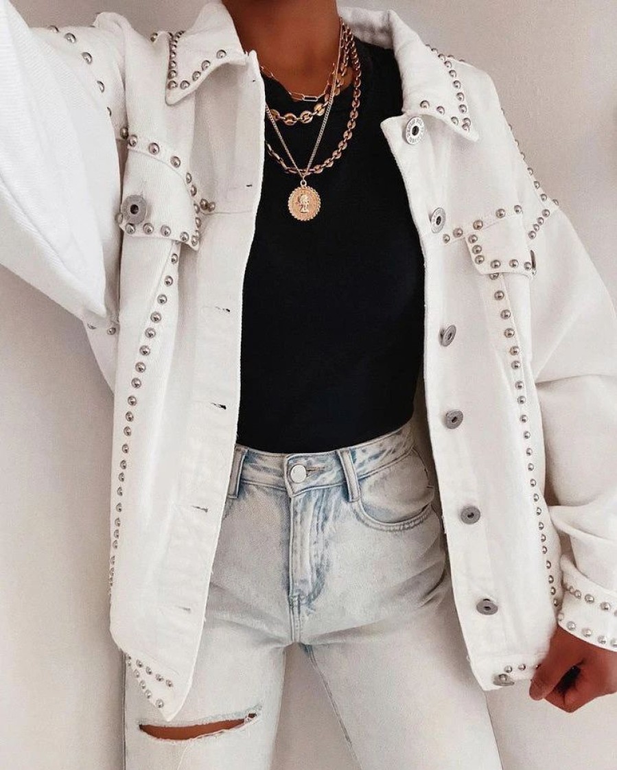 Coats & Jackets * | Pol-001 Kind Of A Big Deal Pocketed Studded Denim Jacket White Final Sale