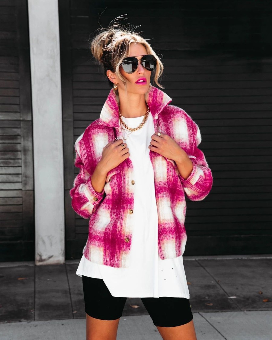 Coats & Jackets * | Acoa-001 Girly In Plaid Pocketed Shacket Final Sale