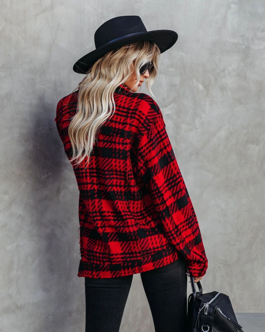 Coats & Jackets * | Pol-001 South Lake Frayed Plaid Shacket Red Final Sale