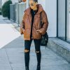 Coats & Jackets * | Baga-001 Cade Pocketed Faux Leather Puffer Jacket Brown Sale