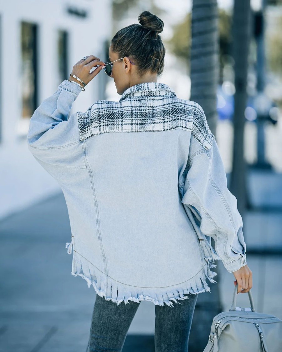 Coats & Jackets * | Danc-001 Kaylyn Contrast Plaid Frayed Denim Shacket Final Sale