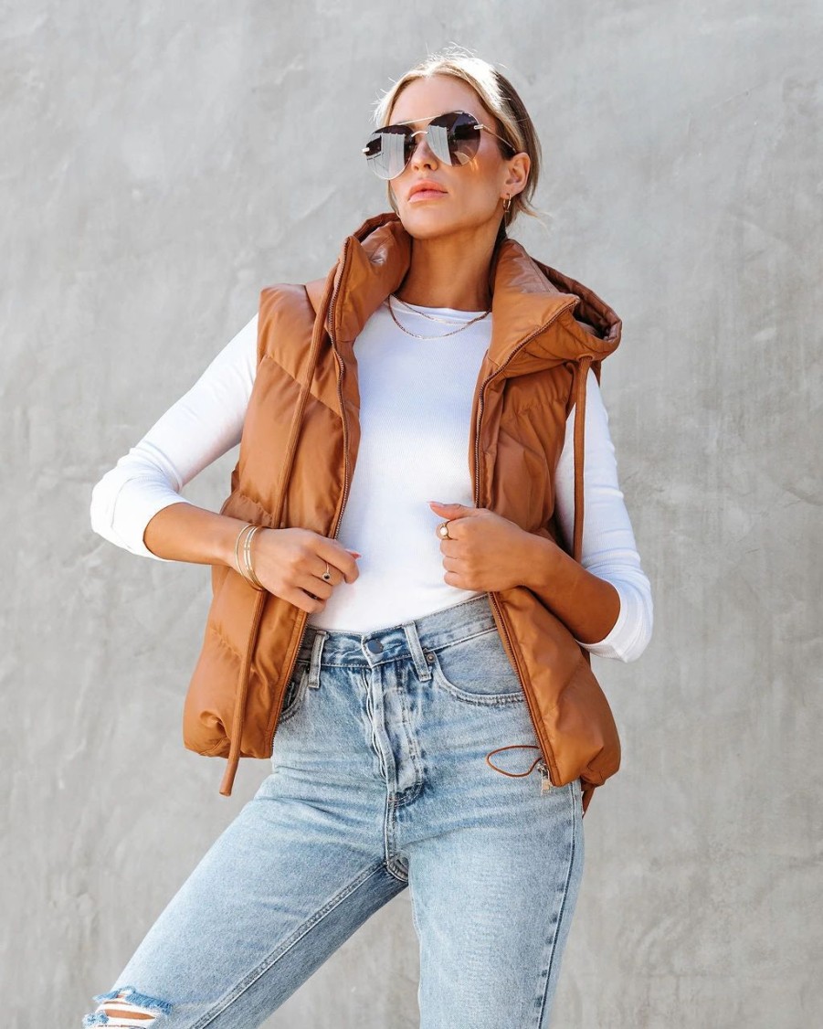 Coats & Jackets * | Tcec-001 Shelton Pocketed Hooded Faux Leather Puffer Vest Camel Final Sale