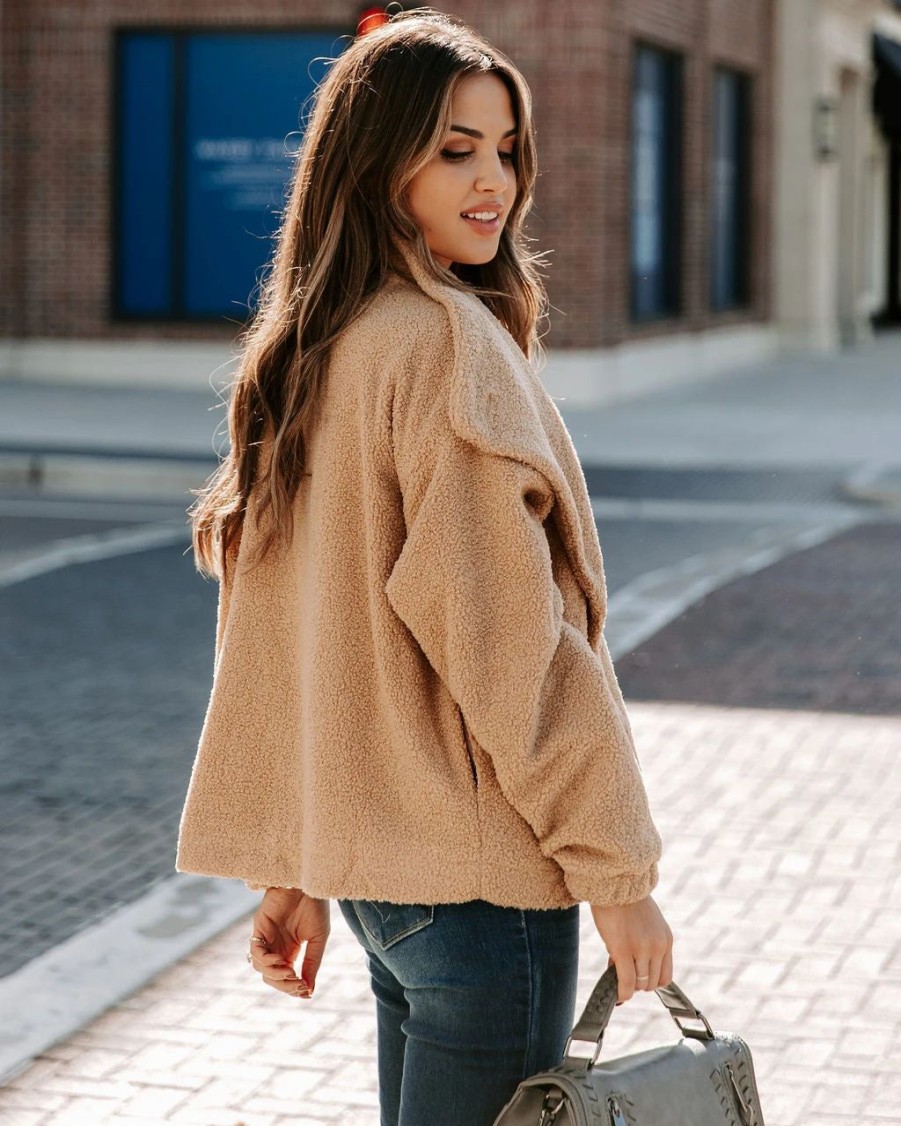 Coats & Jackets * | Prom-001 Martha Pocketed Drape Sherpa Jacket Tan Final Sale