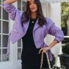 Coats & Jackets * | Baga-001 Lucia Pocketed Faux Leather Crop Moto Jacket Purple Last Chance