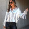 Coats & Jackets * | Mabl-001 Life Is A Fiesta Sequin Fringe Jacket Silver Final Sale