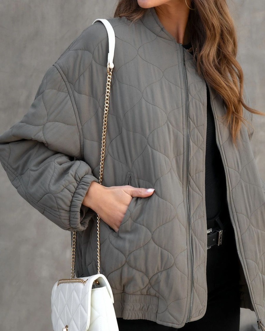 Coats & Jackets * | Dres-001 Marie Quilted Pocketed Bomber Jacket Olive Final Sale