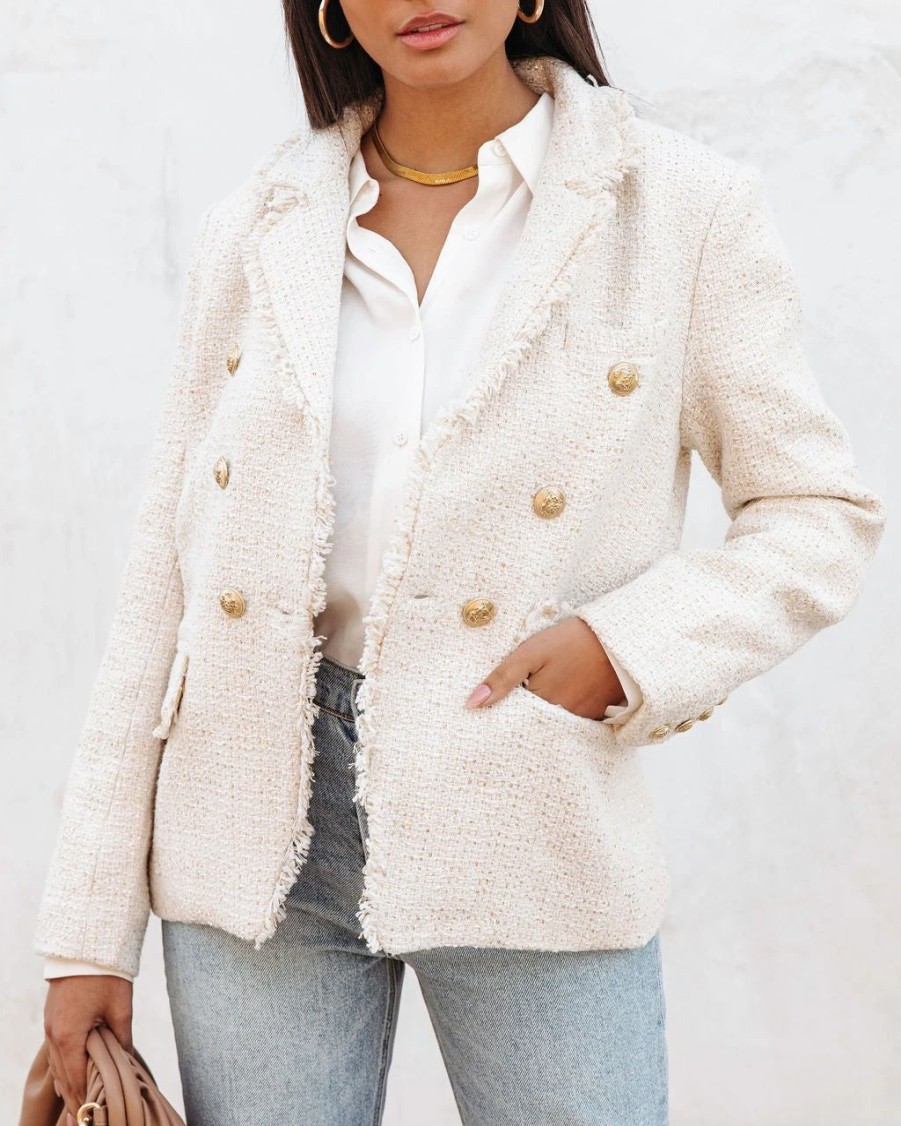 Coats & Jackets * | Dres-001 Monte Carlo Tweed Pocketed Blazer Ivory Final Sale