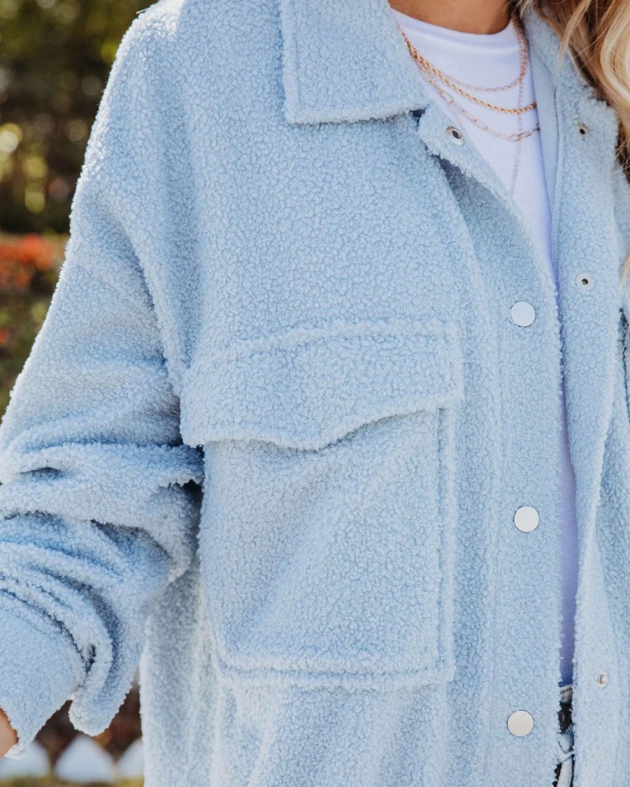 Coats & Jackets * | Acoa-001 All Fall Things Pocketed Faux Sherpa Lightweight Shacket Baby Blue Final Sale