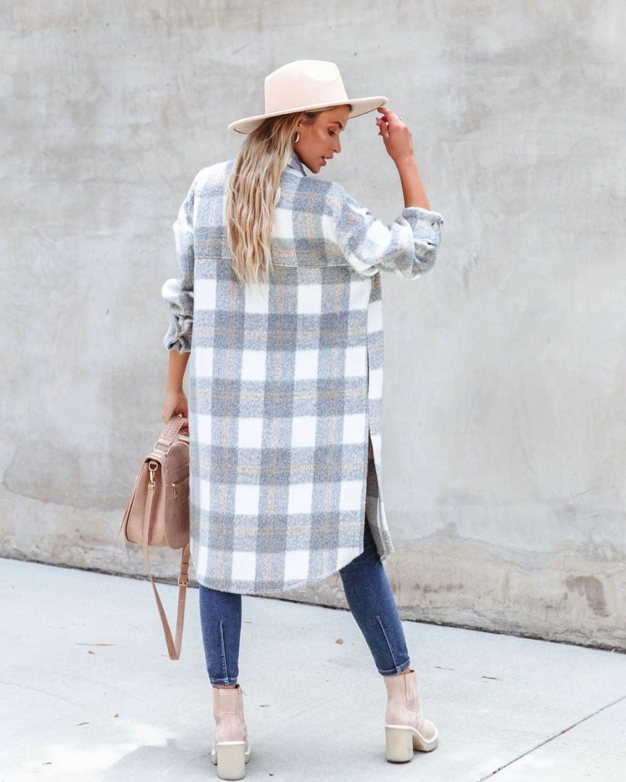 Coats & Jackets * | Acoa-001 Coffee Shop Strolls Pocketed Plaid Button Down Coat Final Sale