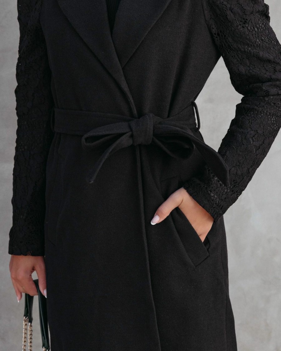 Coats & Jackets * | On T-001 Eileen Pocketed Lace Sleeve Coat Black Final Sale