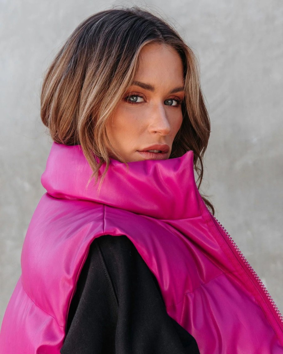 Coats & Jackets * | Oliv-001 Hailey Faux Leather Puff Vest Fuchsia Final Sale