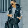 Coats & Jackets * | Aaa-001 Adler Pocketed Hooded Faux Leather Puffer Vest Black Final Sale