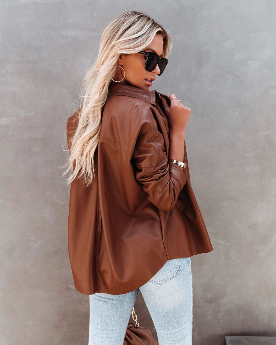 Coats & Jackets * | Oliv-001 Sundown Faux Leather Shacket Chocolate