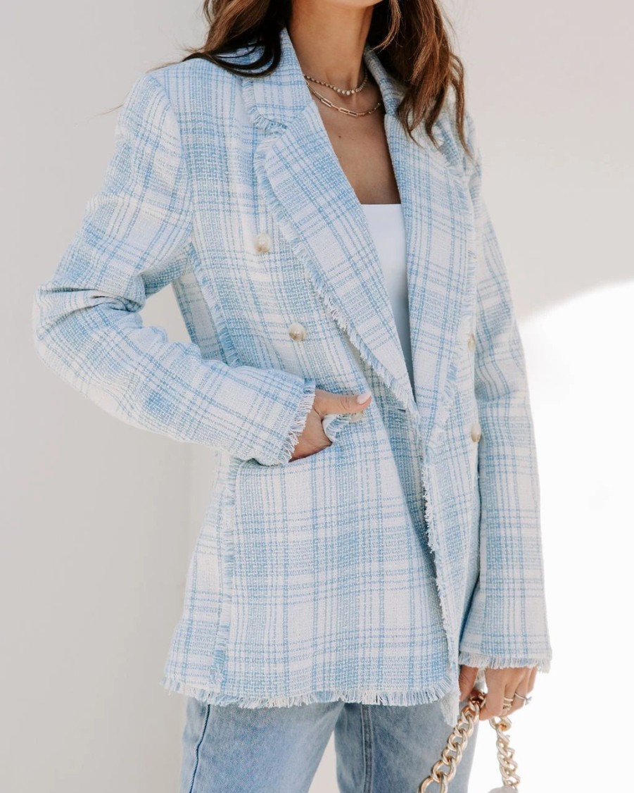 Coats & Jackets * | Fate-001 Act With Class Tweed Pocketed Frayed Hem Blazer Light Blue/White Sale