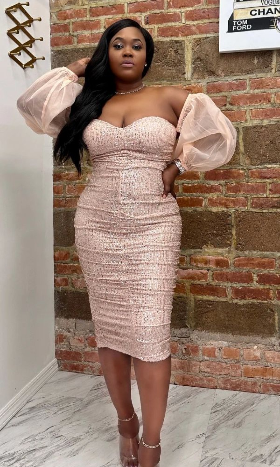 Dresses * | Shop Kloset Essentials Glitz & Glamour Puff Sleeve Midi Dress ( Blush)