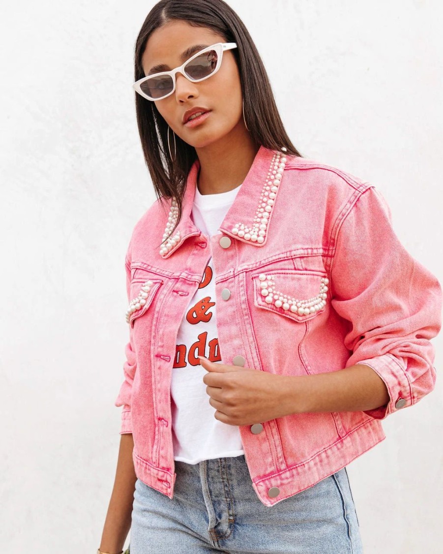 Coats & Jackets * | Andr-001 Belinda Pearl Embellished Denim Jacket Pink