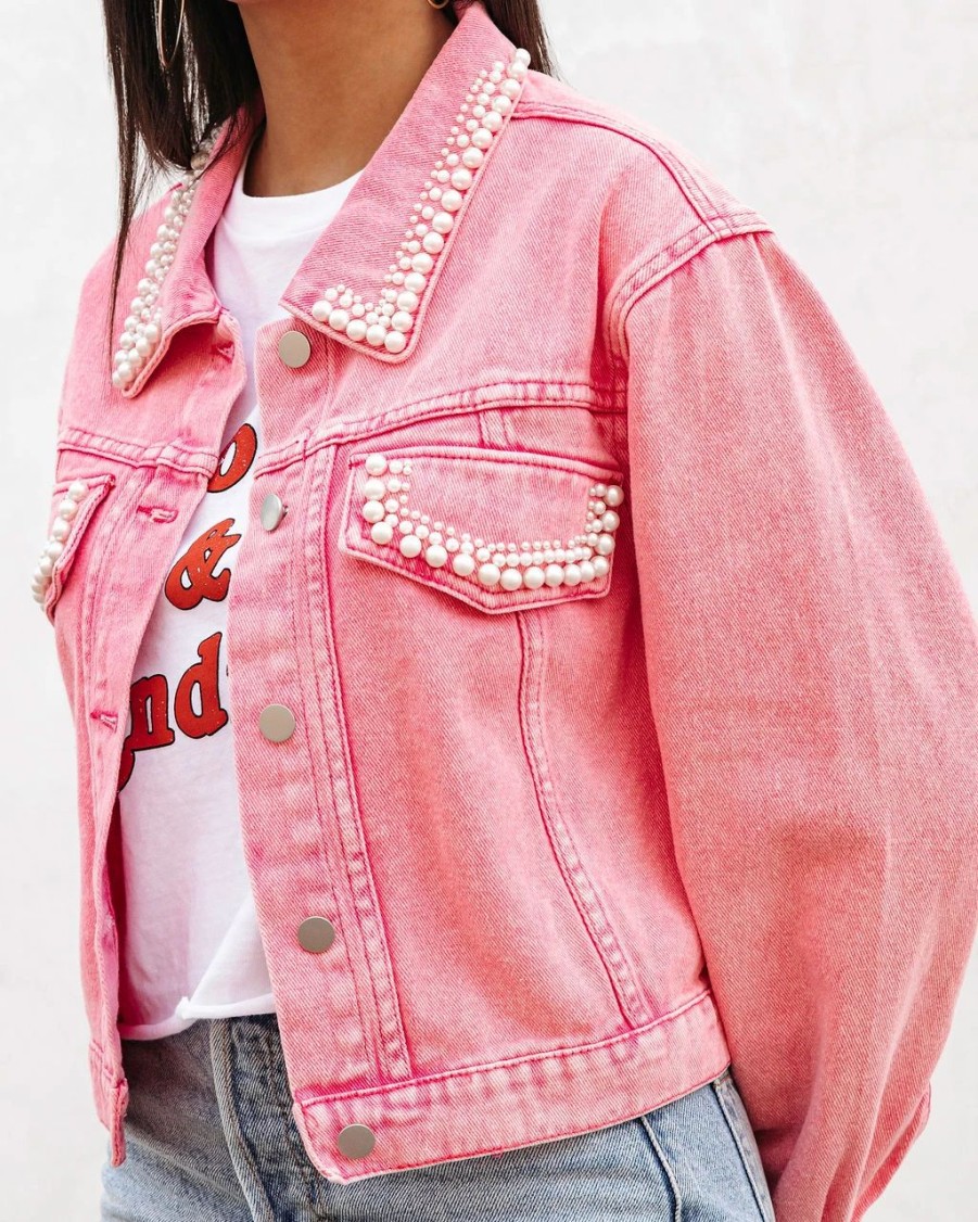 Coats & Jackets * | Andr-001 Belinda Pearl Embellished Denim Jacket Pink