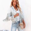 Coats & Jackets * | Flaw-001 Walford Cropped Fringe Faux Suede Jacket Waterlily Final Sale