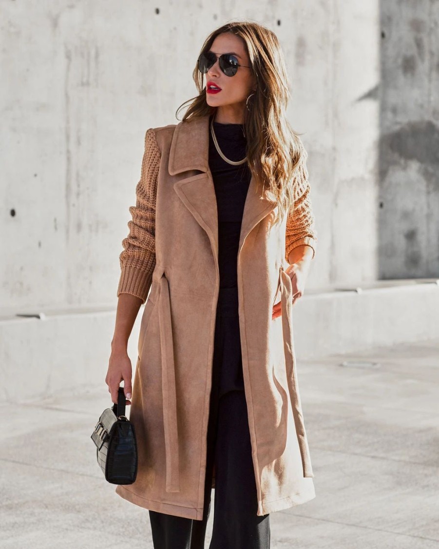 Coats & Jackets * | Swee-001 Cordelia Pocketed Faux Suede Contrast Coat Camel Final Sale