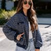 Coats & Jackets * | Stru-001 Modern Day Chic Tweed Pocketed Bomber Jacket Navy Final Sale