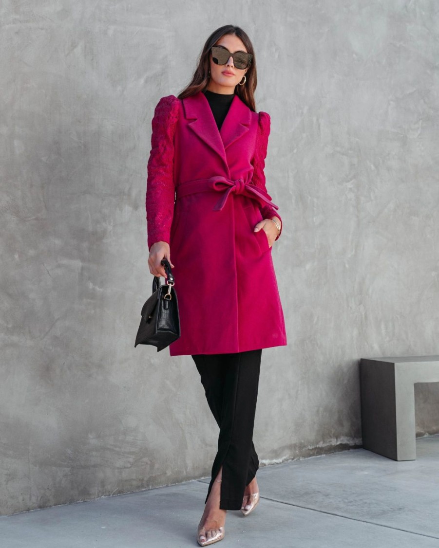 Coats & Jackets * | On T-001 Eileen Pocketed Lace Sleeve Coat Berry Final Sale