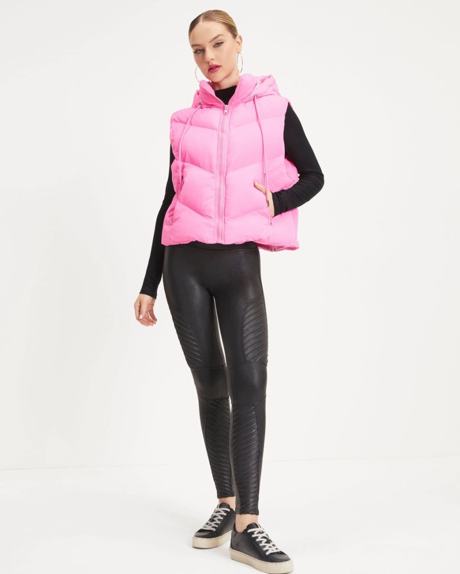 Coats & Jackets * | Oliv-001 Winter In Aspen Pocketed Hooded Puffer Vest Neon Pink Final Sale