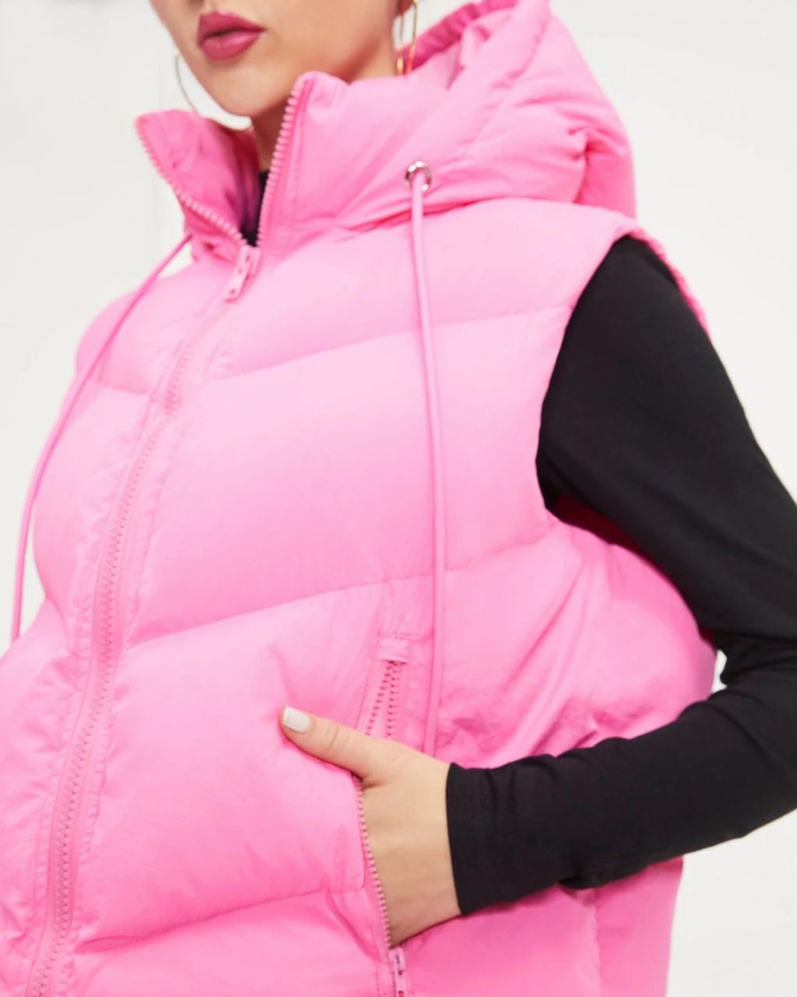 Coats & Jackets * | Oliv-001 Winter In Aspen Pocketed Hooded Puffer Vest Neon Pink Final Sale