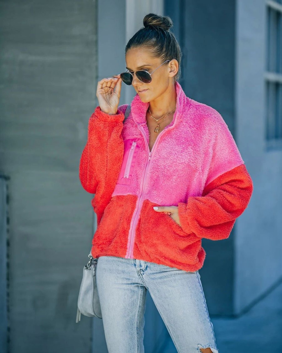 Coats & Jackets * | Dee-001 Nava Pocketed Colorblock Zip Up Jacket Pink Final Sale