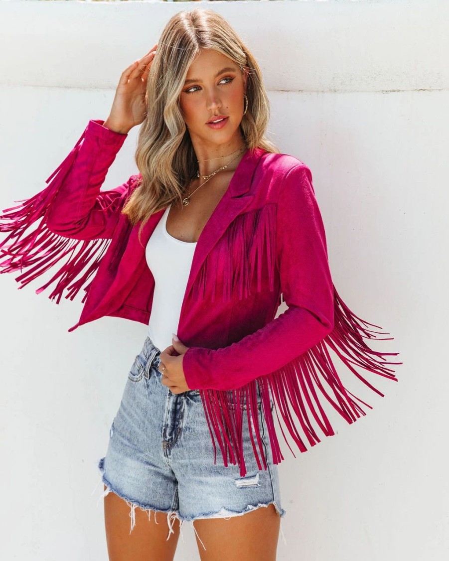 Coats & Jackets * | Tcec-001 Cody Faux Suede Fringe Jacket Pink Final Sale