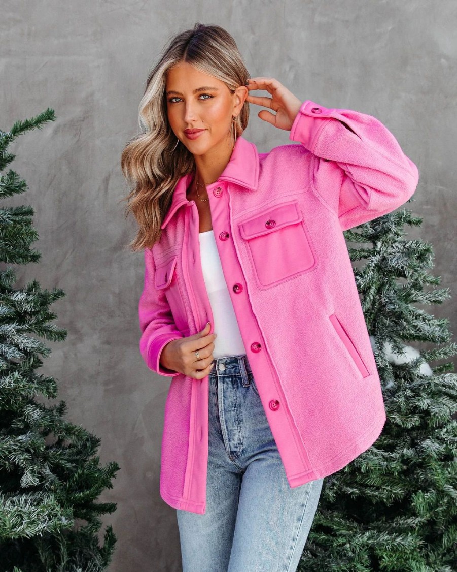 Coats & Jackets * | Endl-001 Heidi Fleece Pocketed Shacket Pink Final Sale