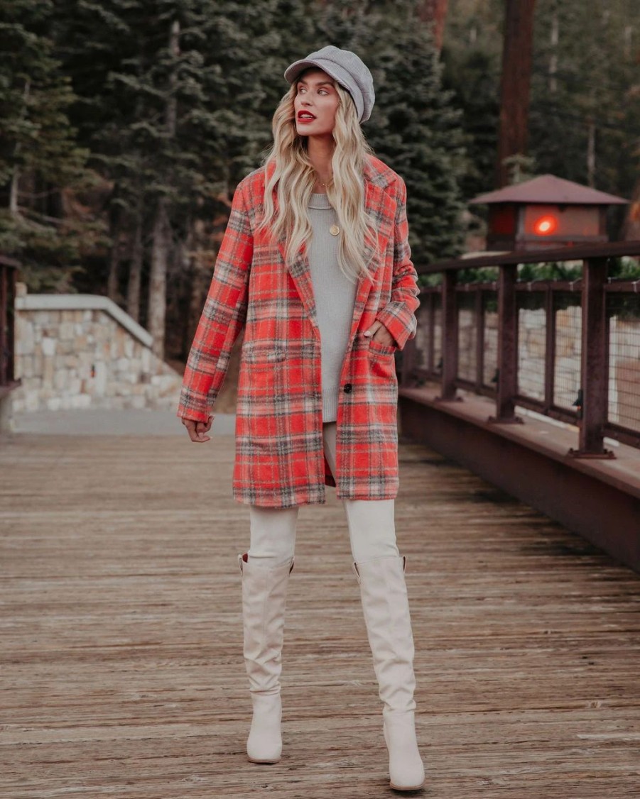 Coats & Jackets * | &Mer-001 Stan Pocketed Plaid Coat Coral Final Sale