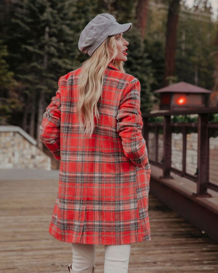 Coats & Jackets * | &Mer-001 Stan Pocketed Plaid Coat Coral Final Sale